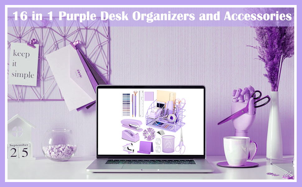 Purple Mesh Desk Organizer and Accessories