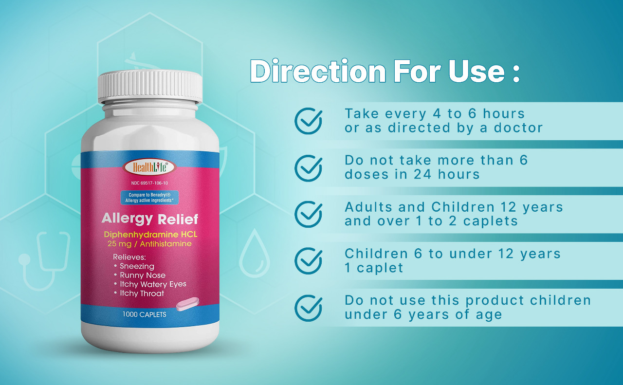 HEALTH LFE Allergy Relief Diphenhydramine HCl Caplets, 25 mg, Large, 1000 Count, Relieves Sneezing, Runny Nose, Hay Fever Symptoms, Itchy Eyes and Throat