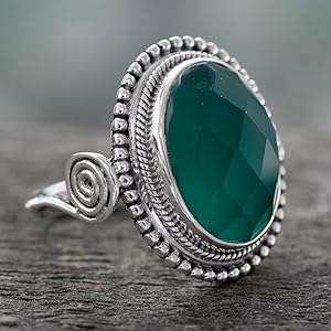 NOVICA Artisan Handmade .925 Sterling Silver Cocktail Ring with Green Onyx India Bright Cobalt