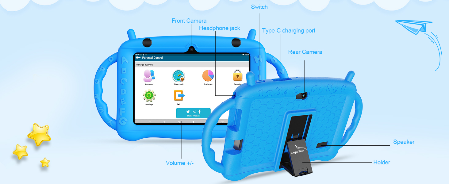 Blue protective tablet case for children with handle grips, stand, and labeled parts including camera, speaker, and buttons. Home screen displays app icons.