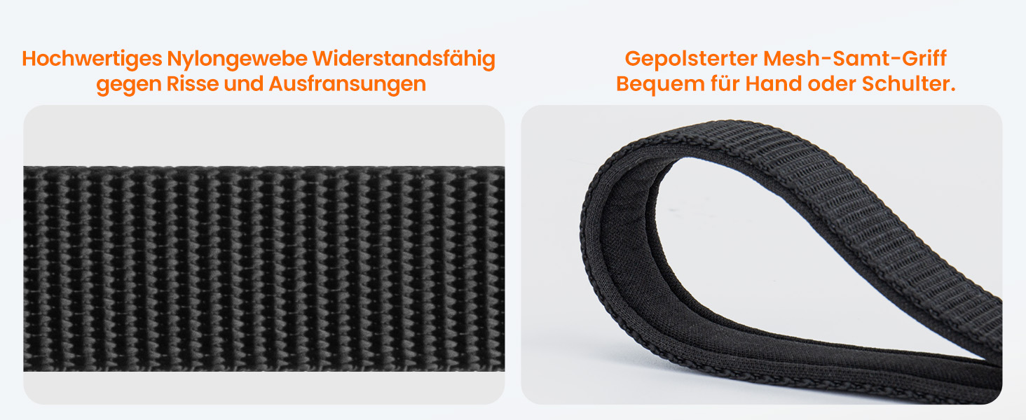 Zwei Nahaufnahmen von schwarzem strukturiertem Material. Das linke Feld zeigt gewebtes Gewebe, das rechte Feld zeigt eine gebogene Riemen- oder Griffstruktur