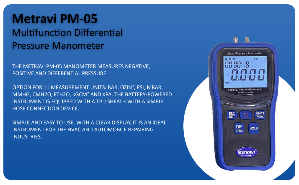 Metravi PM05 Multifunction Differential Pressure Manometer measures