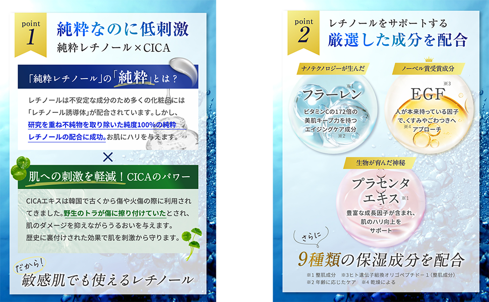 Pure retinol, CICA extract, fullerene, EGF, placenta extract