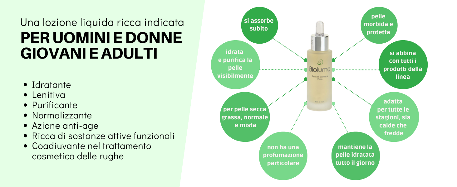 bava di lumaca pura 100% pelle secca grassa mista normale 20 30 40 50 60 anni giovani adulti rughe