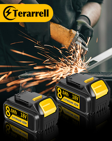 Terarrell 18V 8.0Ah lithium-ion battery packs with yellow accents. Background shows angle grinder in use, creating sparks while cutting metal.