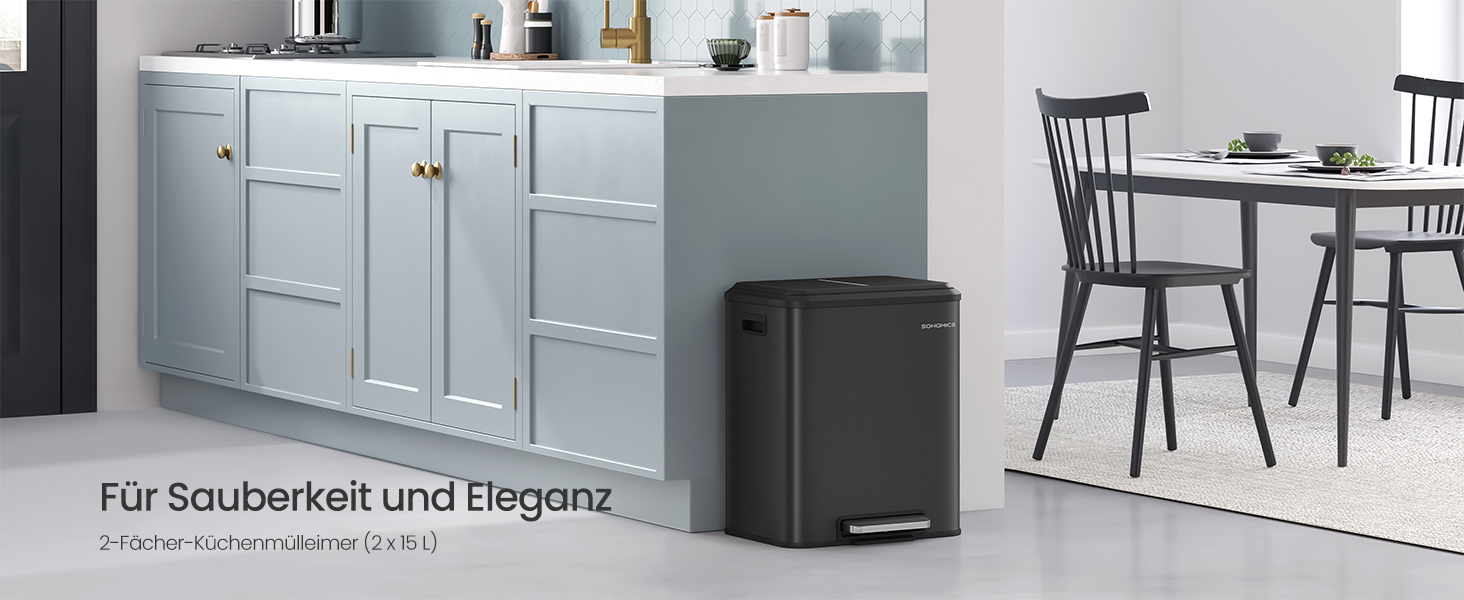 Kuchynský odpadkový kôš SONGMICS, 2 x 15 l, oceľ, čierna farba