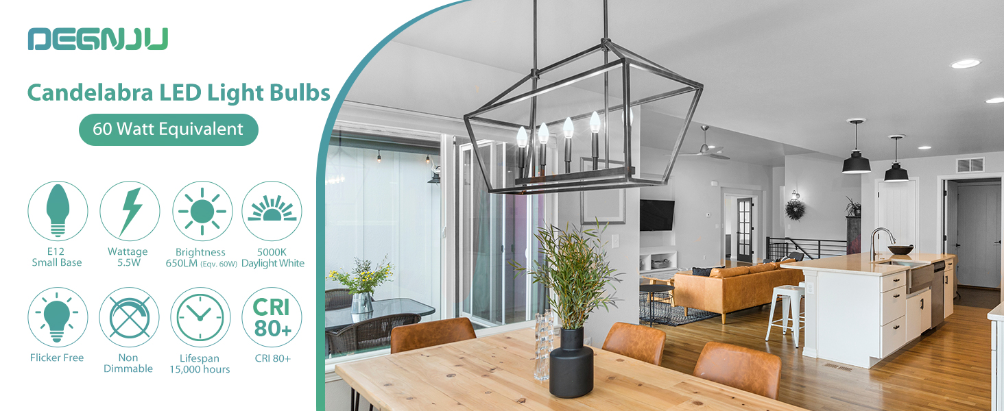 DEGNJU LED Candelabra Light Bulbs Daylight White 5000K (60W Equivalent)