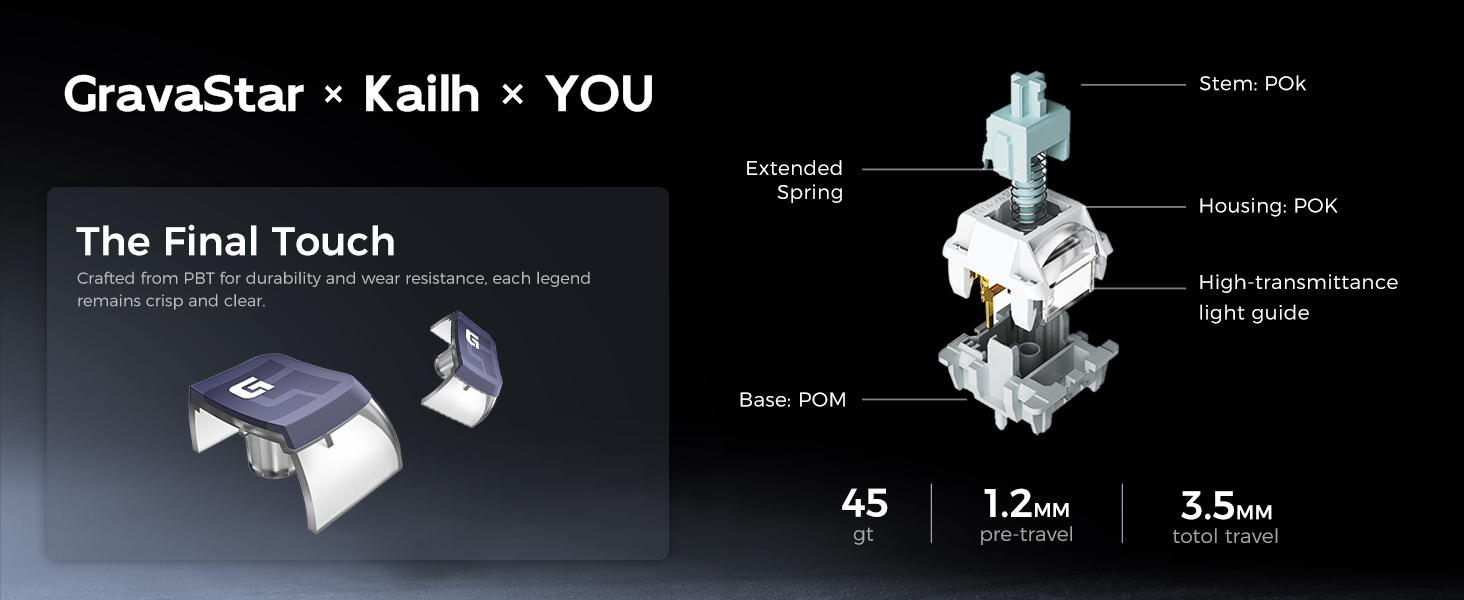 Mechanical switch with 45g actuation force, 1.2mm pre-travel, and 3.5mm total travel distance.