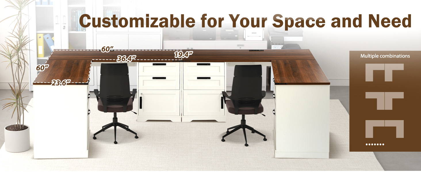 60&#34; L Shaped Executive Desk with Drawers, Farmhouse Home Office Desk with Charging Station