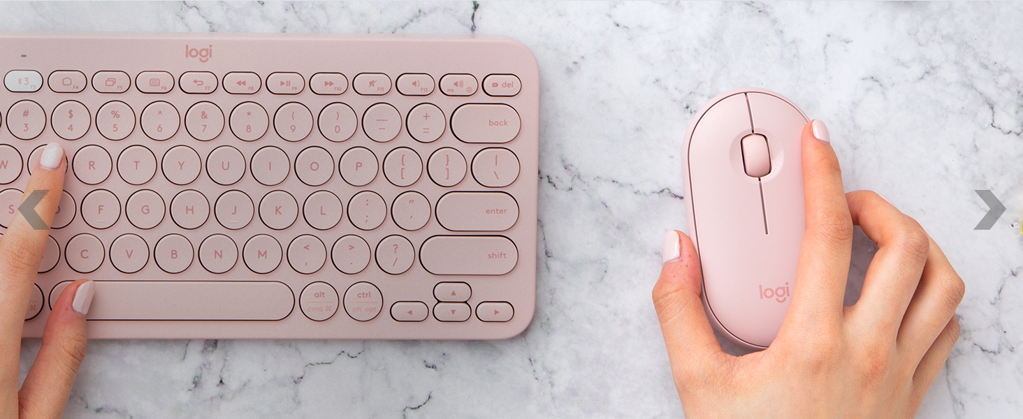 A zoom of K380 keyboard and M350 mouse in rose