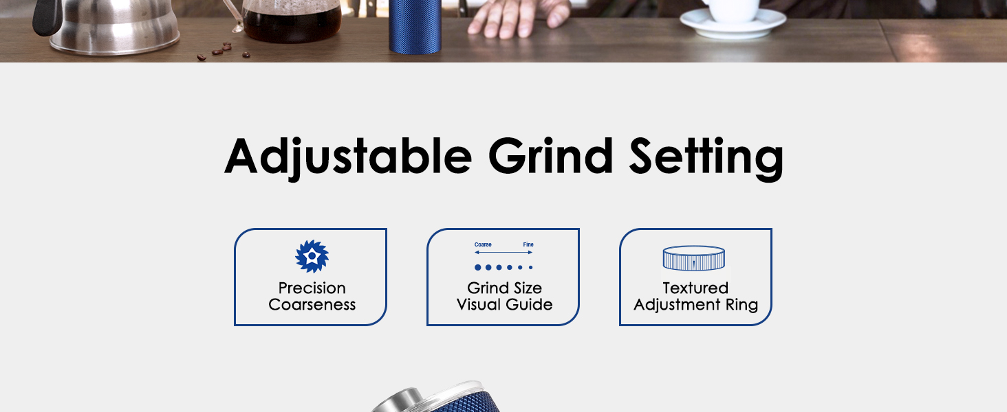 Vzaahu Manual Coffee Grinder,External Adjustable Coarseness 6 Level,CNC Stainless Steel Conical Burr Core,Color Blue,Diamonds Aluminum Alloy Body,Beech Bandle 13 al