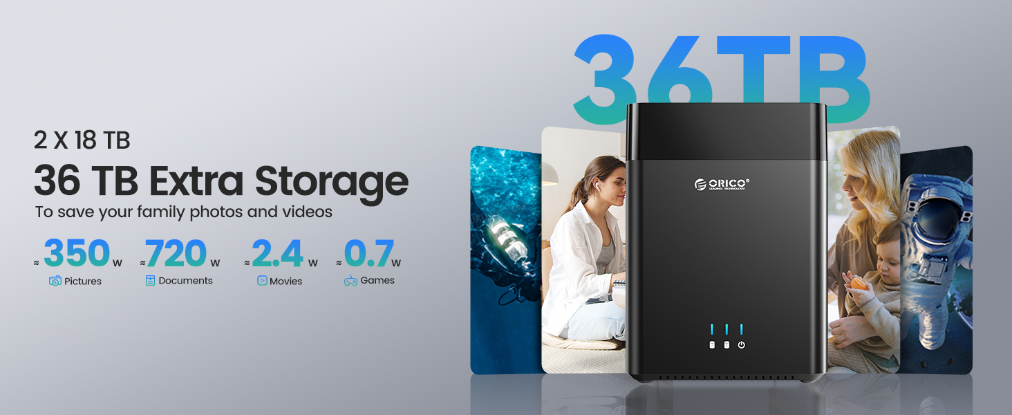 External hard drive storage device with 36TB capacity. Black rectangular unit with blue LED lights. Product specs listed for photo storage.