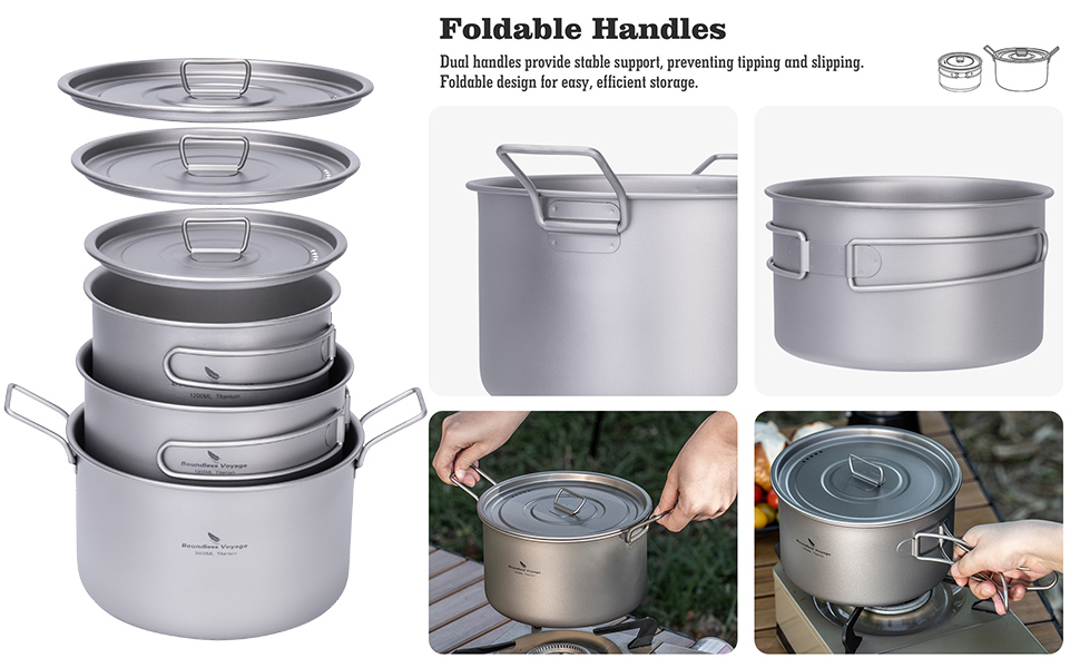 1.2L 1.8L 2.4L Titanium Pots Set Lid Camp Cookware Foldable Handle Portable Lightweight Cooking Kit