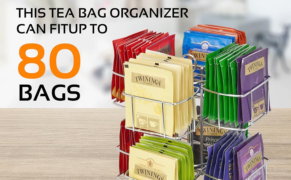 Alhom Tea Bag Organizer, Up to 80 Tea Bags Storage, 360Degree Carousel