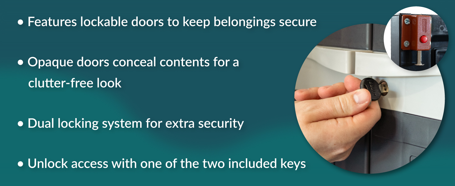 Features lockable doors to keep belongings secure unlock access with one of the two included keys
