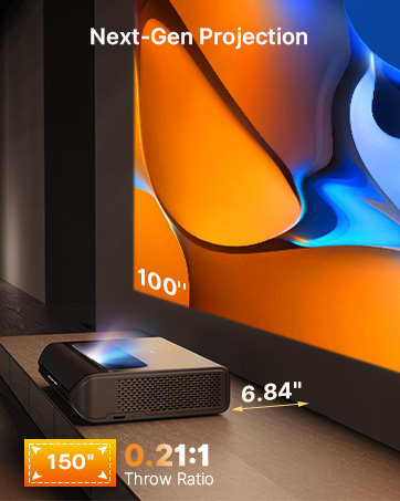 The projector with a 0.21:1 throw ratio is currently projecting an image.