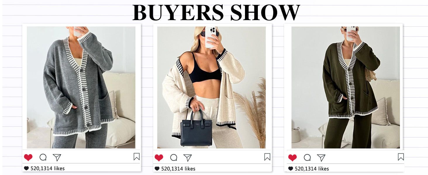 Womens 2 Piece Sweater Set Knit Cardigan Wide Leg Pants Casual Set Button vintage Sweater