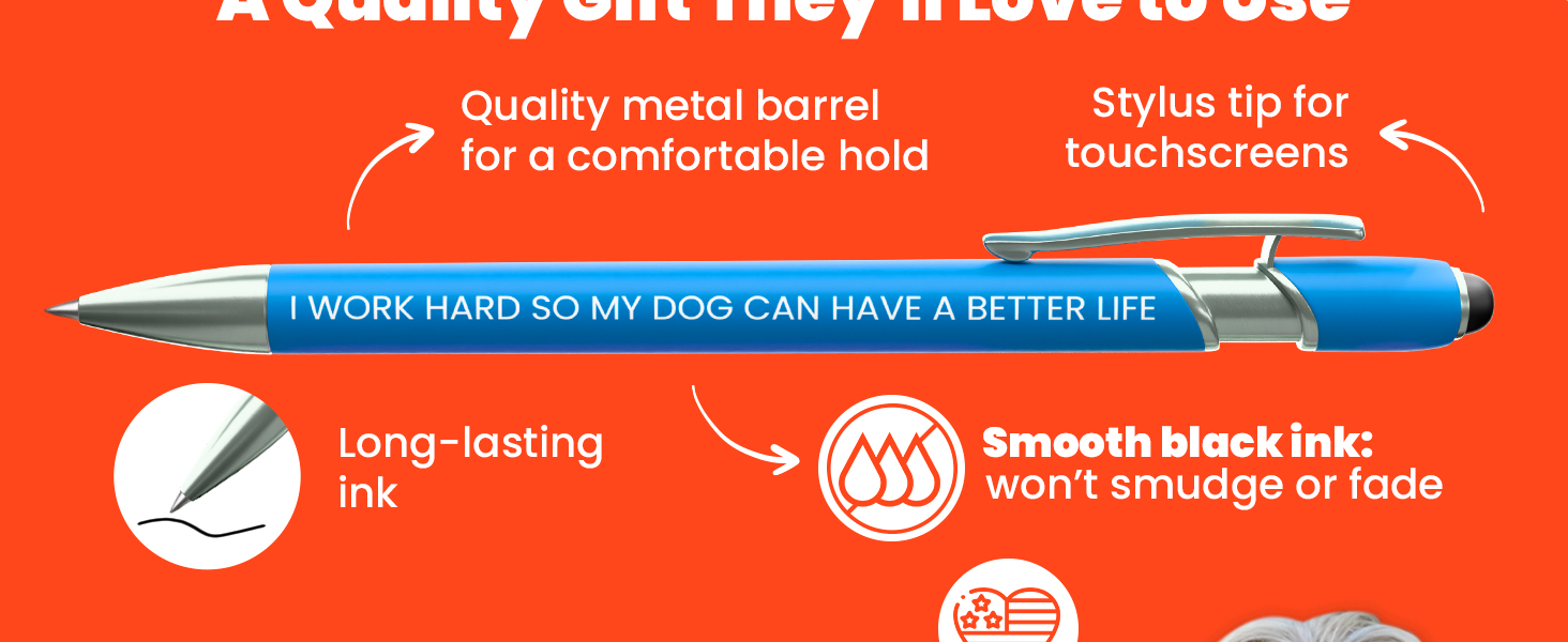 quality metal barrel, stylus tip for touchscreens, smooth black, long-lasting ink