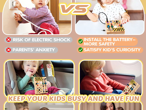 Text reads 'RISK OF ELECTRIC SHOCK', 'INSTALL THE BATTERY', 'PARENTS' ANXIETY', 'MORE SAFETY', 'SATISFY KID'S CURIOSITY', 'KEEP YOUR KIDS BUSY AND HAVE FUN'. Product safety and benefits information display.
