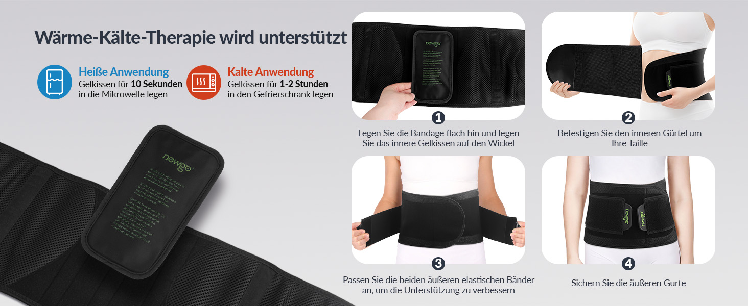 Επίδειξη προϊόντος, die eine schwarze therapeutische Packung mit temperaturregulierenden Funktionen zeigt, einschließlich einer Bedienungsanleitung auf Deutsch.