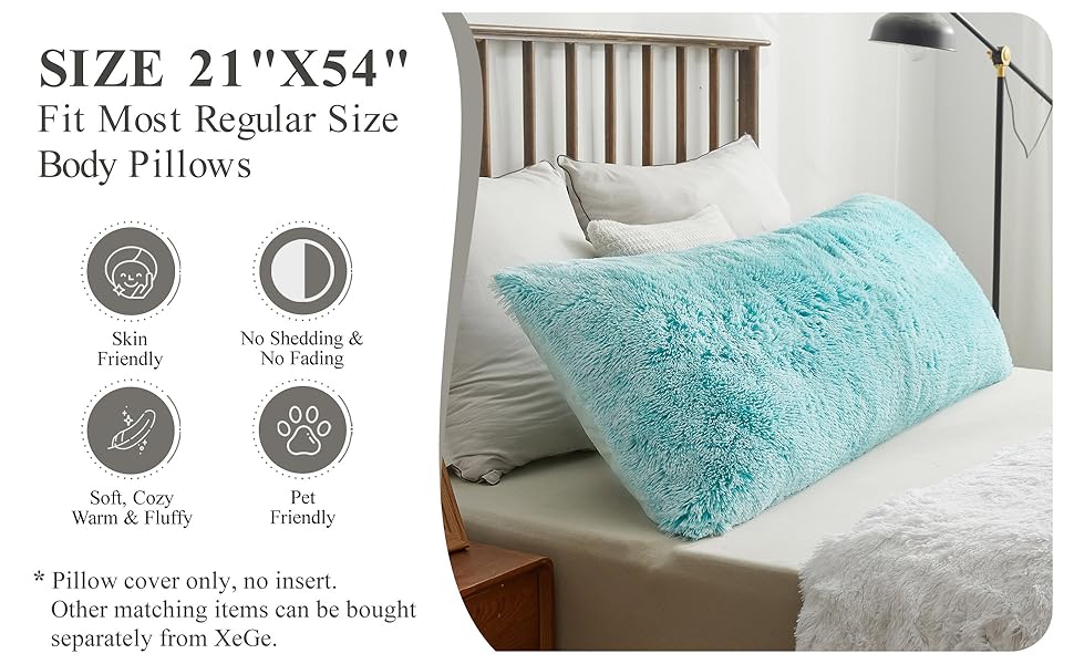 XeGe Cozy 21x54 Long Furry Body Pillow Sham, Plush Fuzzy Faux Fur Body