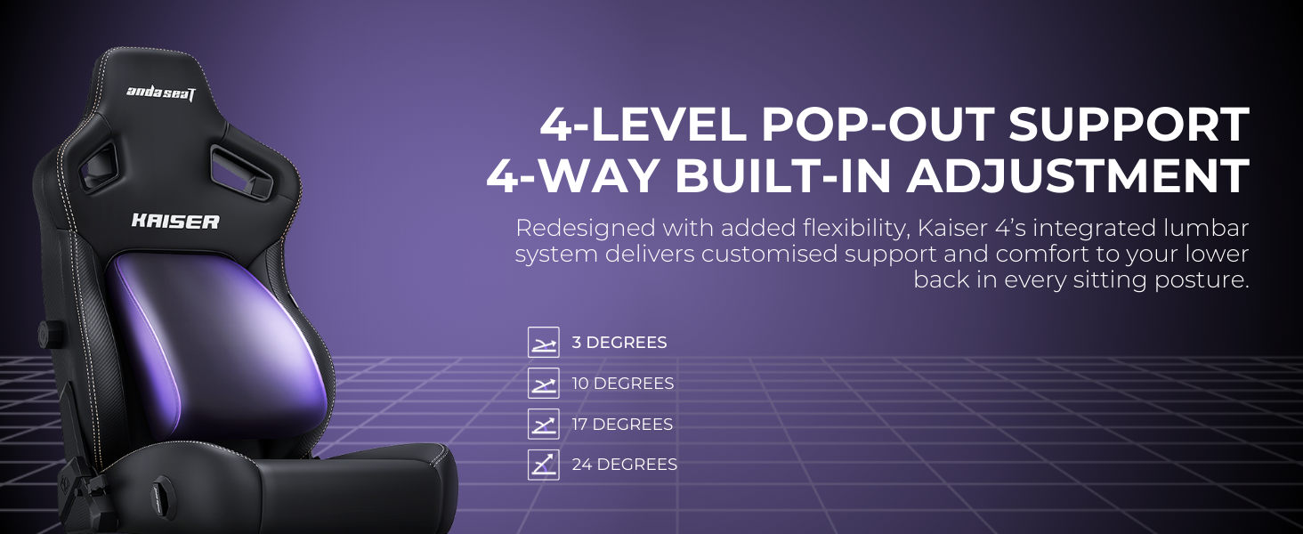 Gaming chair with purple and black design, featuring 4-level pop-out support and 4-way built-in adjustment. Advertises customized support for lower back comfort.