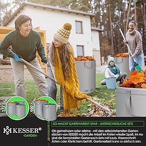 Afvalinzamelsysteem voor buiten van Kesser met metalen containers en een grijze inzamelzak van textiel, getoond in gebruik tijdens het opruimen van bladeren in de herfst