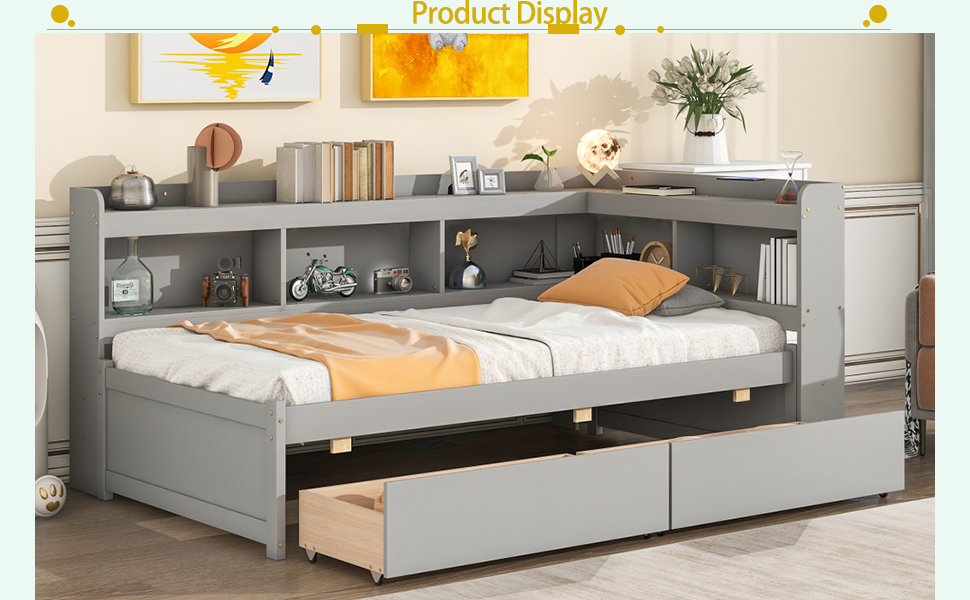 DNChuan Twin Size Platform Bed with Bookcase and Headboard