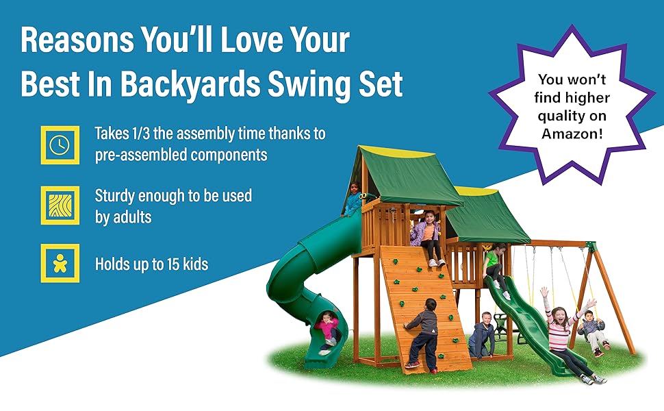 Sky Solid Cedar Wood Swing Set Jungle Gym with Clubhouses, Rock Wall, Spiral Slide
