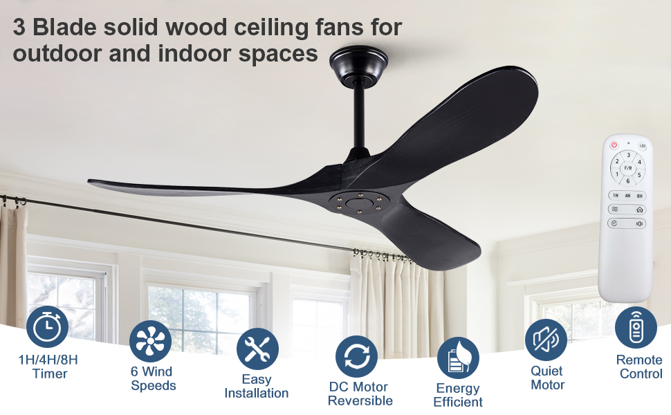 BOOMJOY Black 52 Inch Wood Ceiling Fan no Light with Remote Control, Quiet