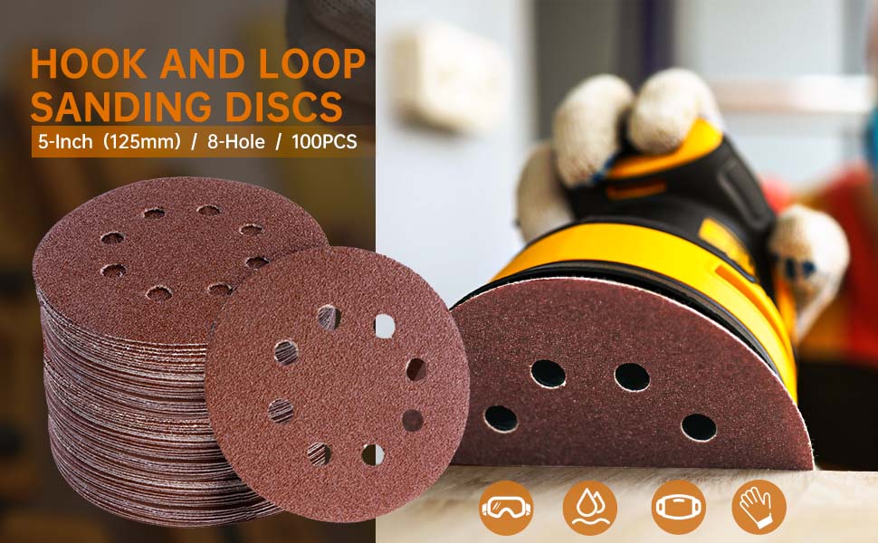 ZKH 100 PCS 5 Inch Sanding Discs, 8 Hole Hook and Loop Sanding Discs 40