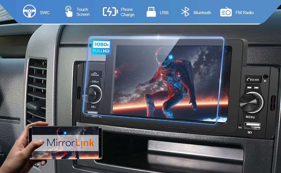 Single Din Car Stereo Bluetooth HandsFree,5 inch Touch Screen Car Radio Support Android and iOS