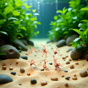 A natural driftwood branch resting on a sandy surface, surrounded by small pebbles and aquatic plant