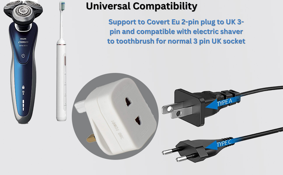 Aspect Shaver Plug Adapter UK 2 Pack 2 Pin to 3 Pin EU to UK Plug