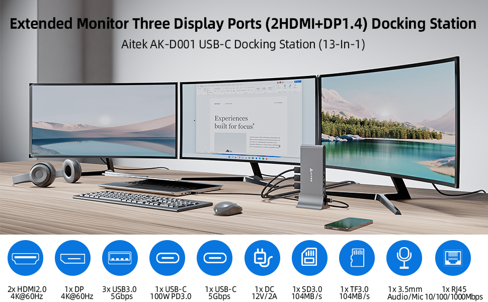 Aitek USBC Dock Docking Station 13in1 for Windows Multiple Adapter