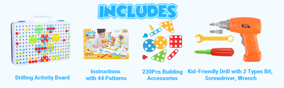 Text reads 'INCLUDES' followed by multiple app interface screenshots showing activity sheets, puzzles, and educational games with colorful icons and illustrations.