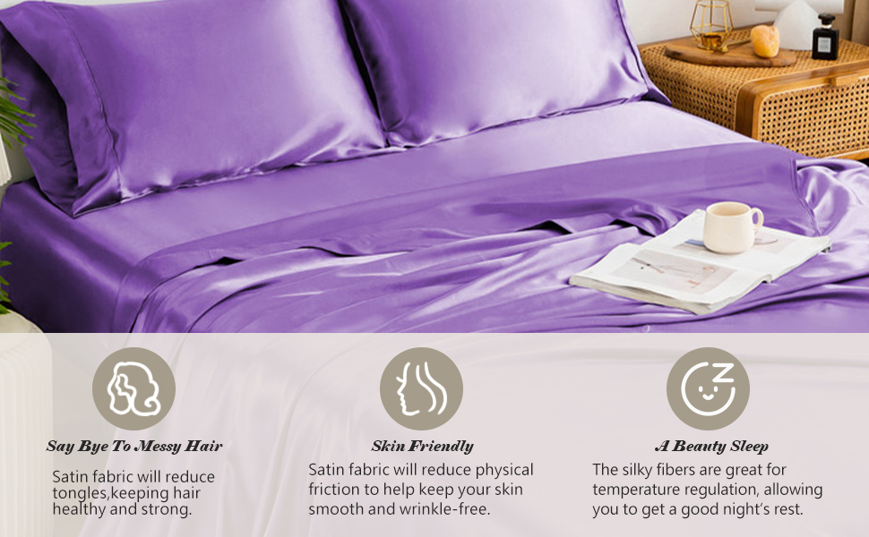 ROOYE Satin Sheet Set King Size,Extra Deep Pocket King Sheet Set Cooling,4 Piece Sheet Set