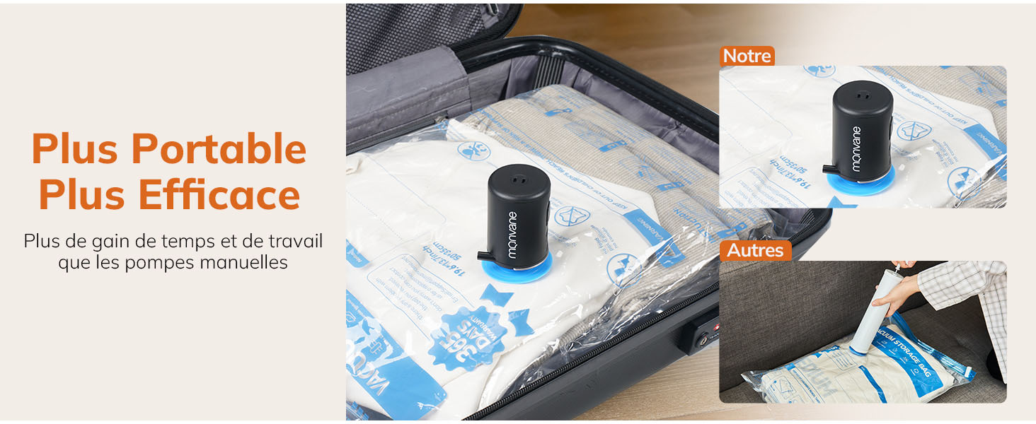 avec des photos avant et après montrant des sacs en plastique scellés pour le stockage.