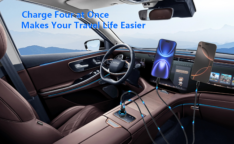 90W Dual USB-C & USB-A Car Power Cigarette Lighter 4-Port PD/QC3.0 Type C Car Carplay Fast Charger