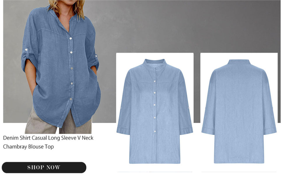 Women Denim Shirts Chambray Casual V Neck Collared Jean