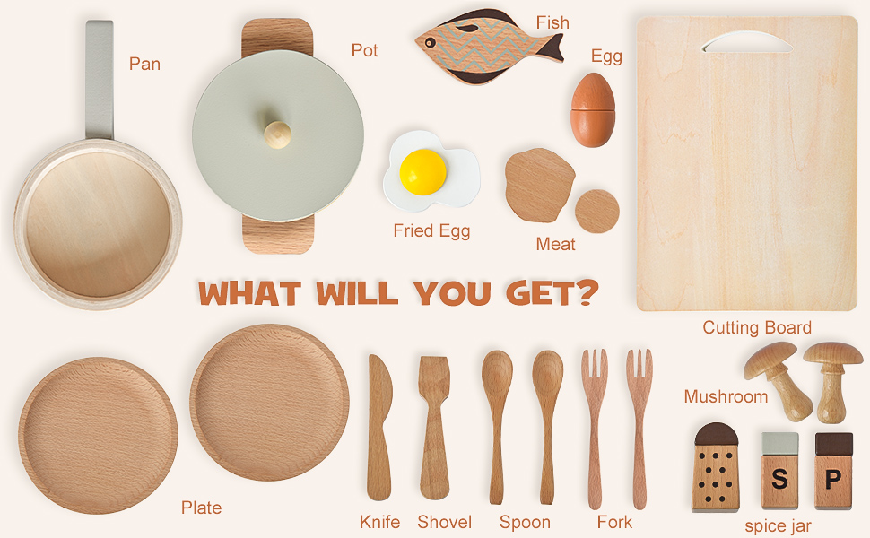 Atoylink Play Kitchen Accessories Wooden Toys Pots and Pans for Kids 23Pcs