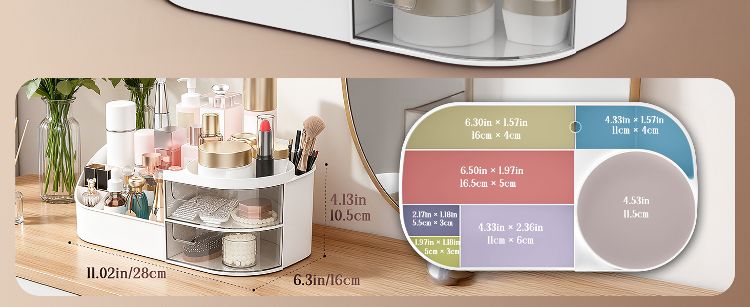 Organizational storage unit with multiple compartments shown from aerial view, accompanied by a diagram showing compartment dimensions with measurements in different shades of blue and pink.