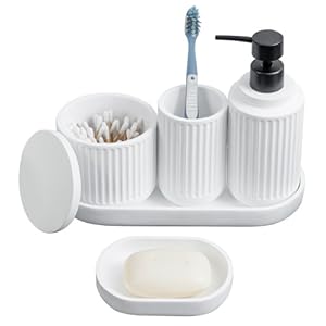 5 piece bathroom accessory set with white ceramic ribbed design