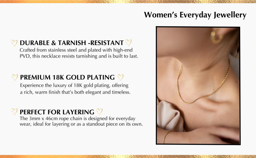 EMILIAZ Asha Necklace 18K Gold Plated Rope Chain for Women, 3mm 46cm Stainless Steel, Elegant Trendy Jewellery for Layering, Stackable, Lead & Nickel-Free, Women's Everyday Jewellery, with Gift Box 14 Perfect Gold Plated Asha necklace – minimalist, sustainable jewellery by EMILIAZ.