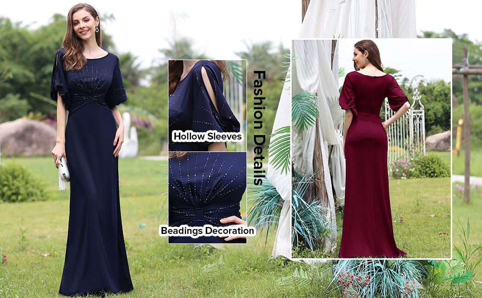 Ever-Pretty Women's Half Sleeve A-line Beaded Formal Long Evening Party Dress