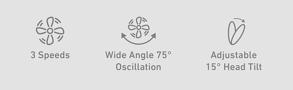 3 Speeds; Wide Angle 75° Oscillation; Adjustable 15° Head Tilt