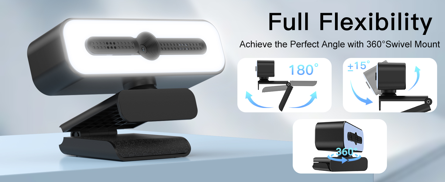 Text reads 'Full Flexibility'. Technical product images showing black device from multiple angles demonstrating range of movement and adjustability.