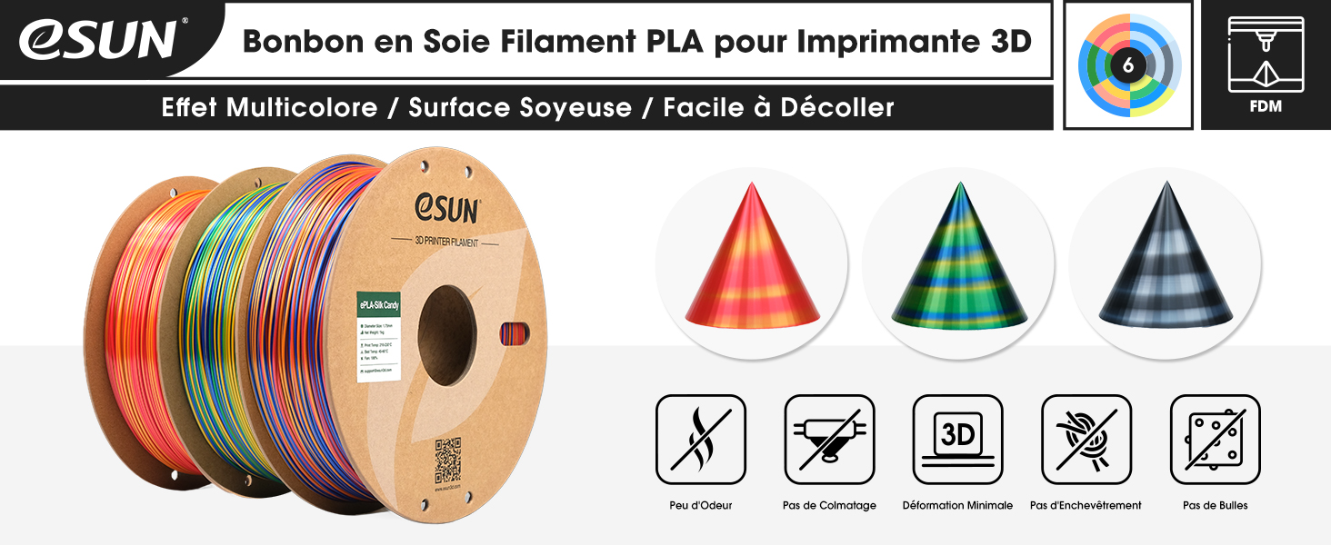 de différentes couleurs ainsi que des exemples d'impression en forme de cône. Les icônes des caractéristiques du produit indiquent les propriétés des matériaux et les caractéristiques d'utilisation.