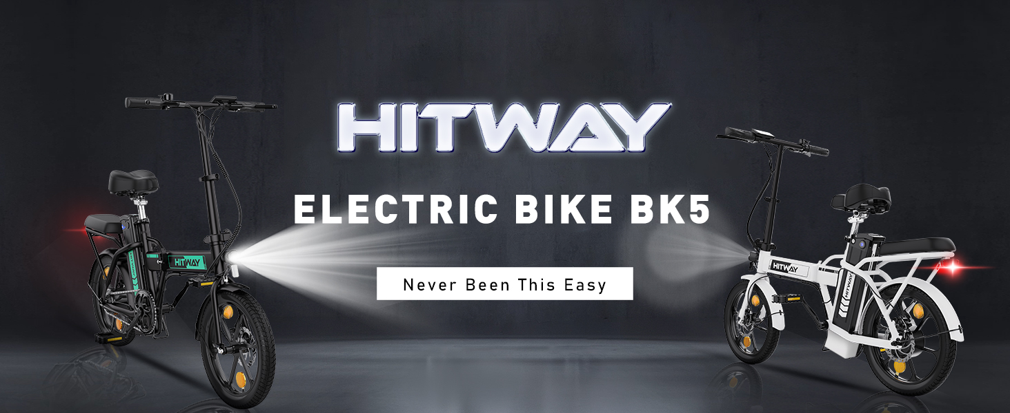 Hitway BK5 electric bike advertisement showing two folding bikes in dark setting with illuminated brand name and model text.