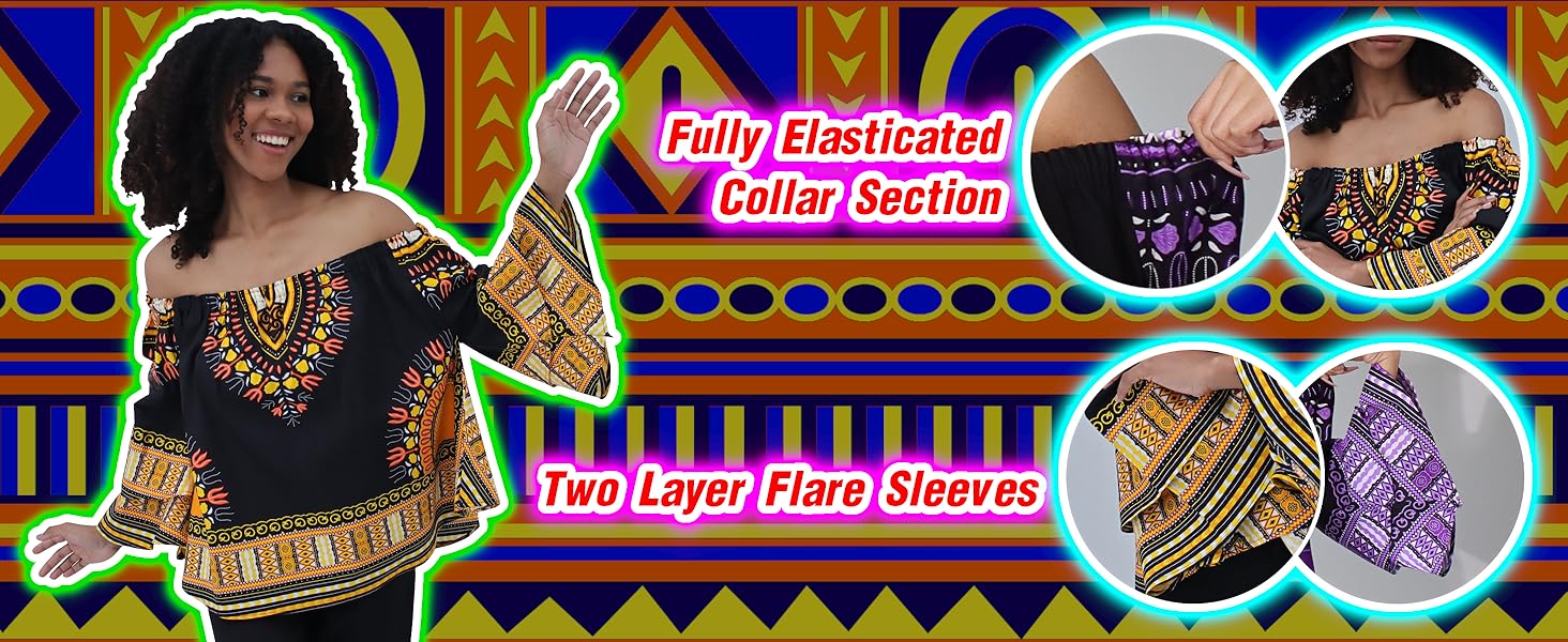 Women's Dashiki Blouse,Fully Elasticated Collar Section,Two Layer Flare Sleeves,DA'IKI Shirt